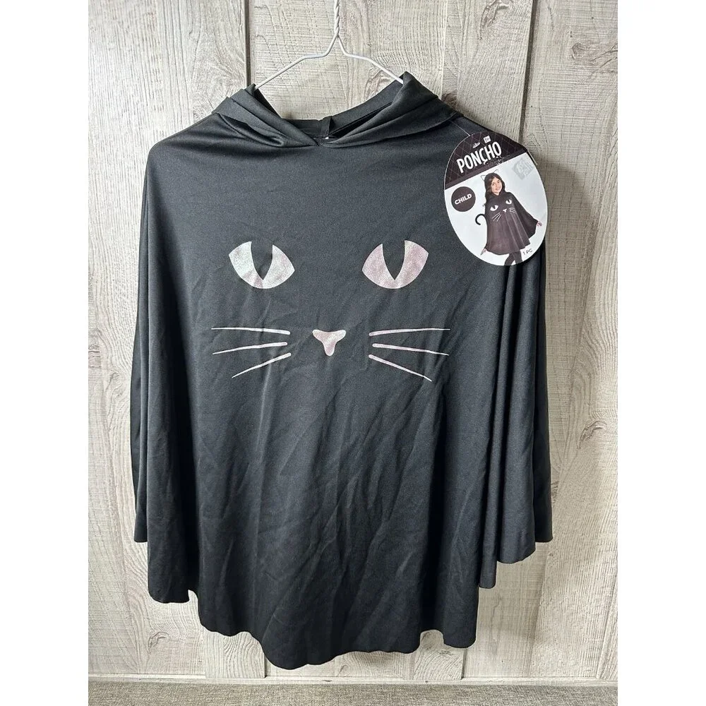 Childs Ages 6+ Black Cat Hooded Poncho Costume w/ Attached Ears & Tail Halloween